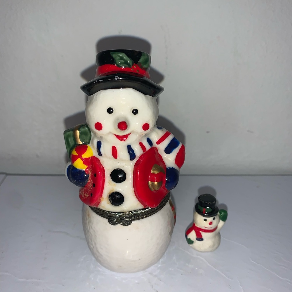 Holiday 4" Tall Porcelain Snowman Red Jacket Hinged Trinket Box & Small …